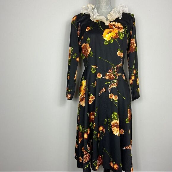 Vintage 70s floral long sleeve midi dress ruffle collar. Cottagecore girlycore - Picture 9 of 11
